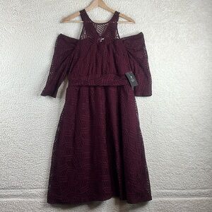 NWT Kiyonna Womens Burgundy Red Lace Cold Shoulder Midi Dress Size 1X